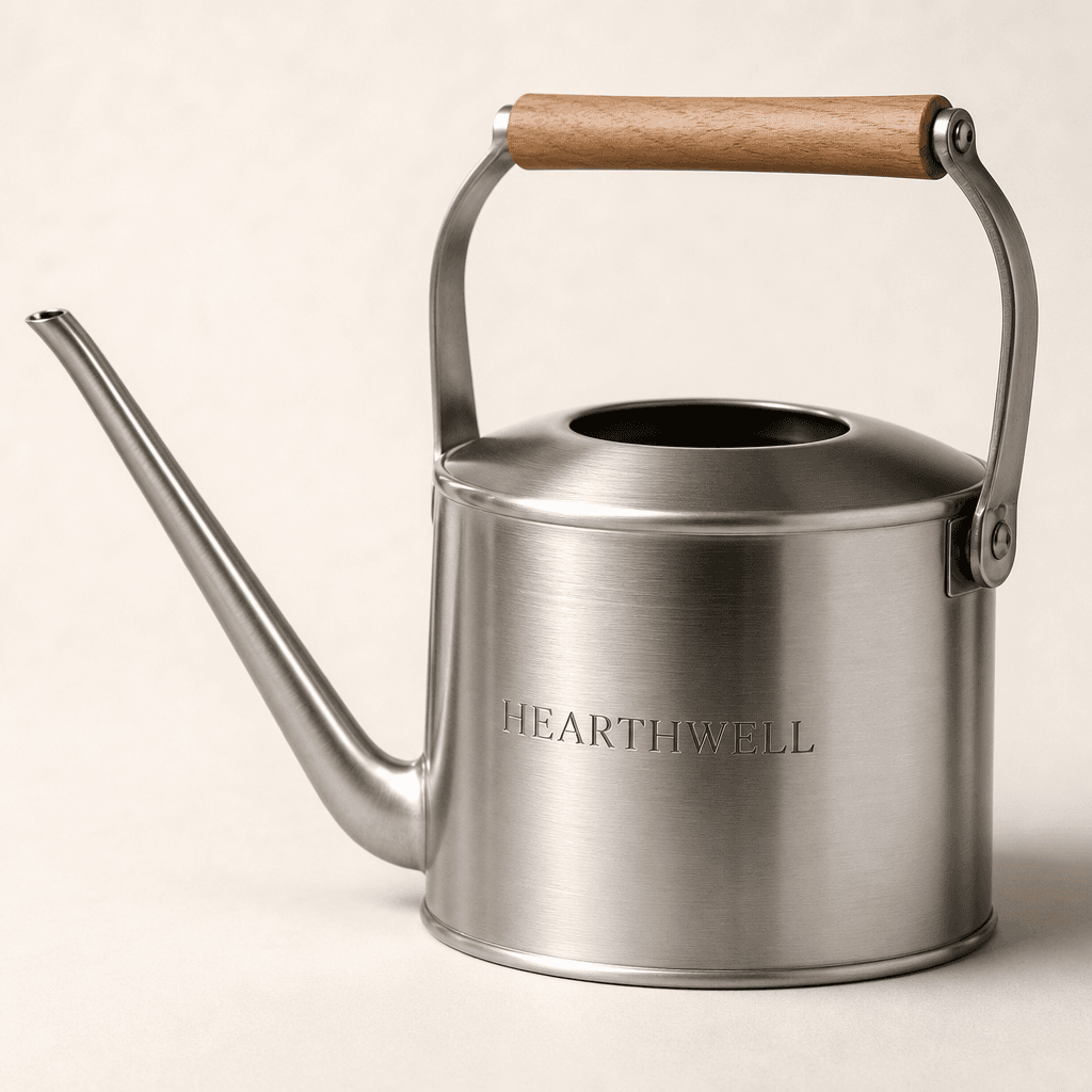 Hearthwell 5 litre stainless steel watering can with Hearthwell engraved on the body